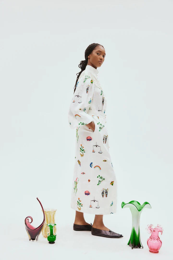 Alms Atticus Embroidered Shirt & Midi Skirt Set