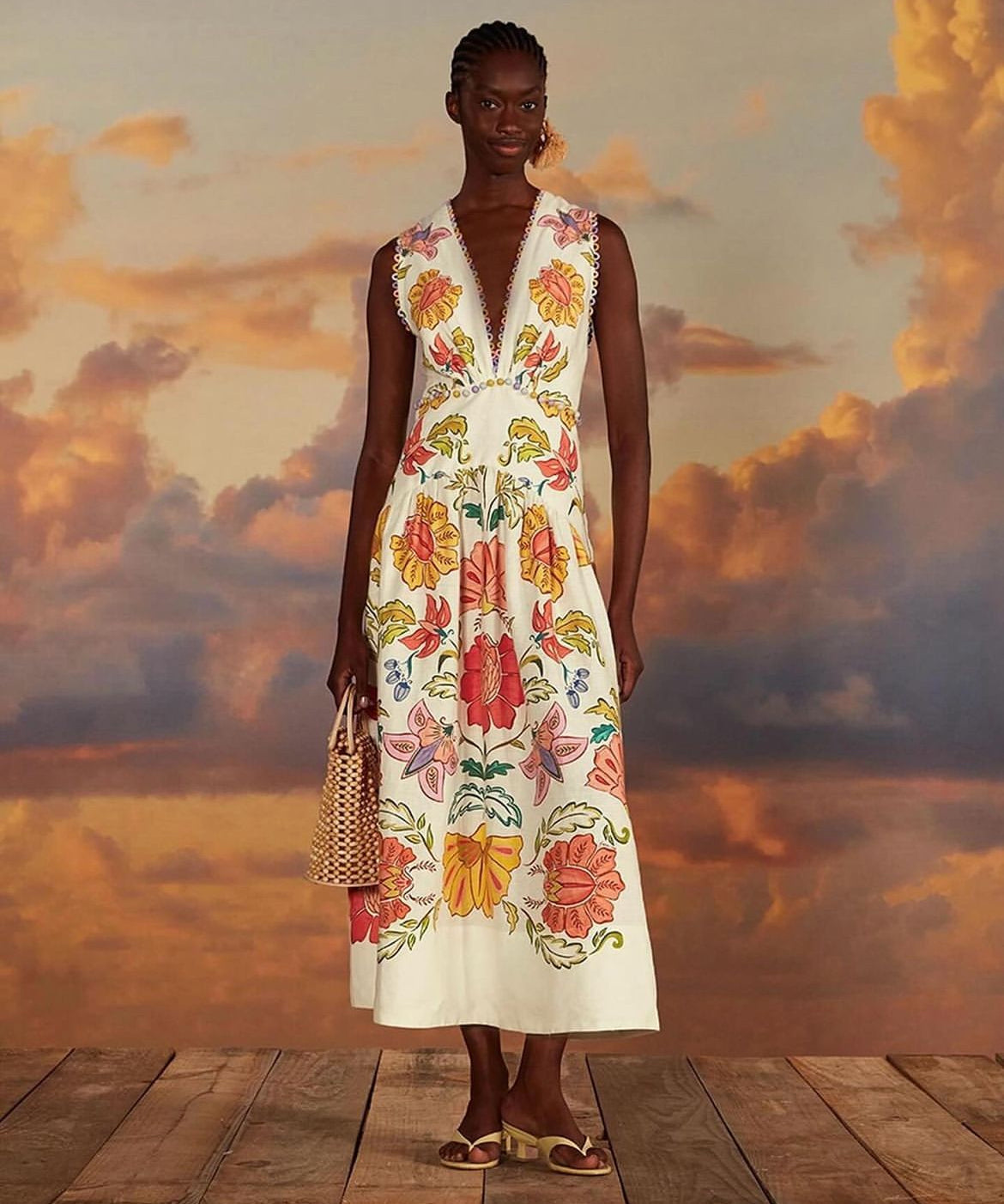FR Insect Plunge Embellished Printed Linen Midi Dress