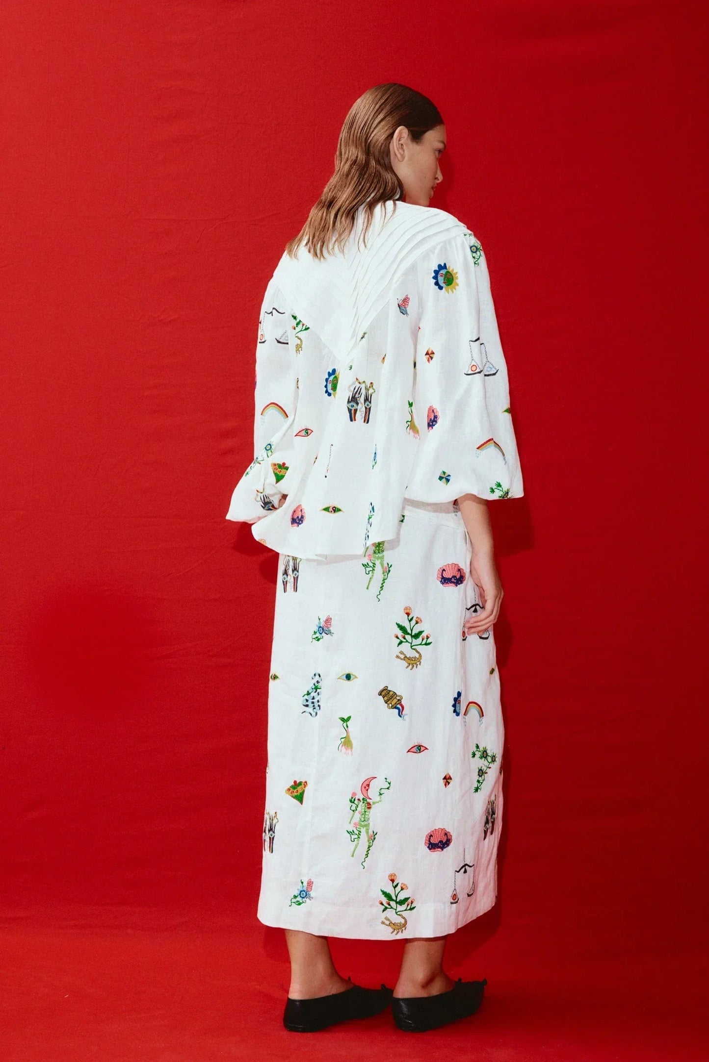 Alms Atticus Embroidered Shirt & Midi Skirt Set