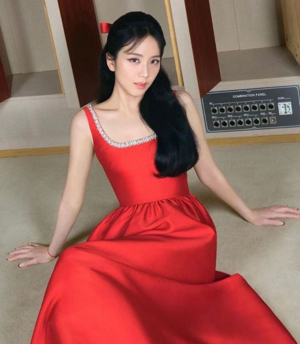 SP Red Taffeta Diamanté Midi Dress