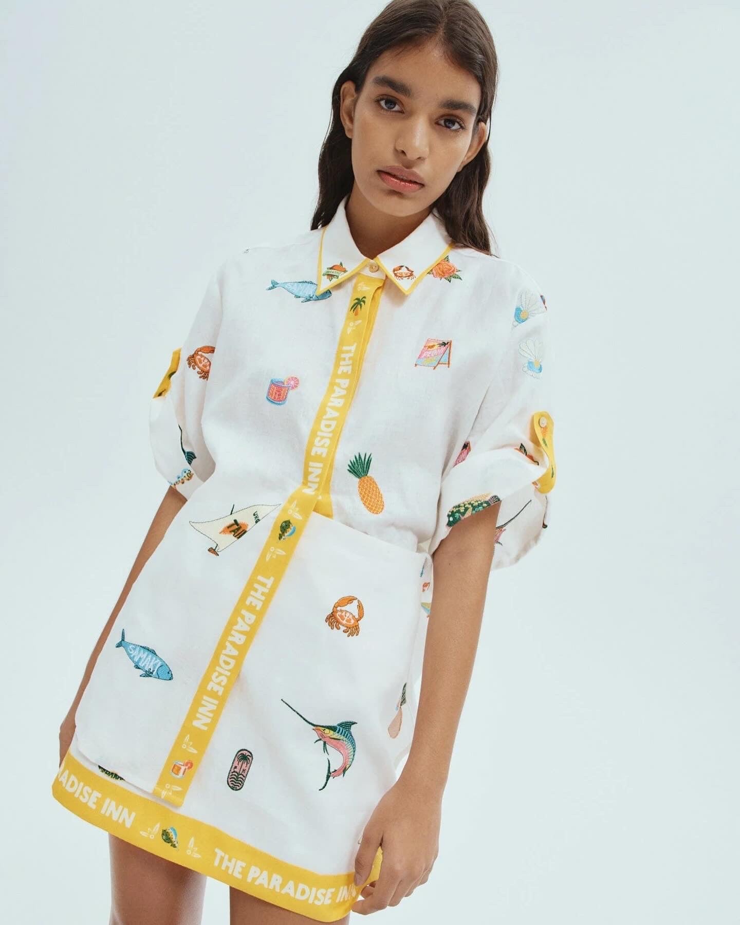 Alms Blue Marlin Embroidered Shirt & Mini Skirt Set
