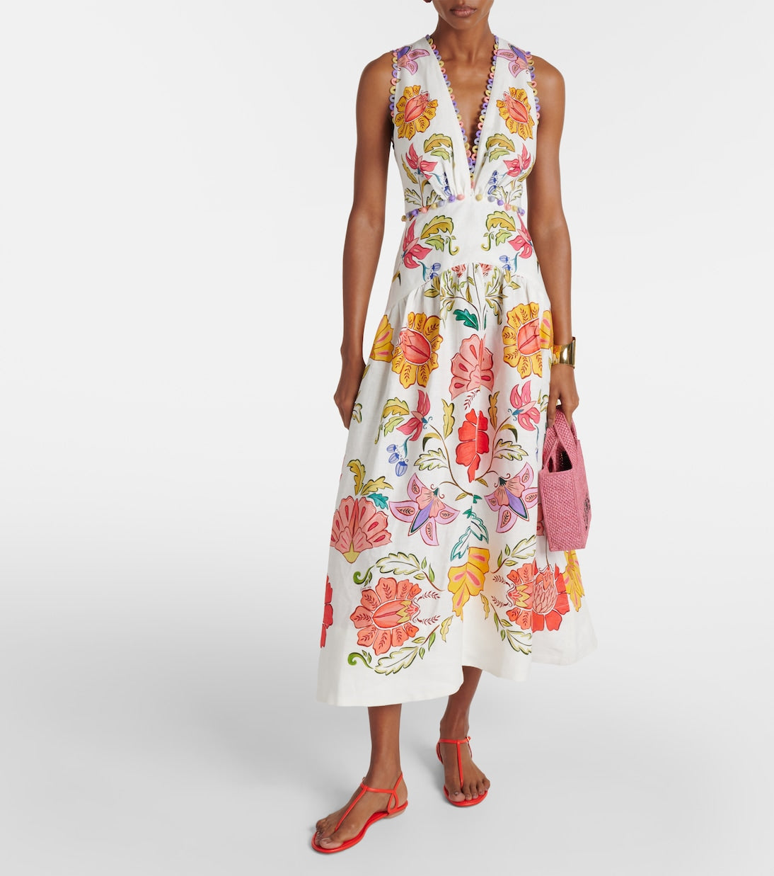 FR Insect Plunge Embellished Printed Linen Midi Dress