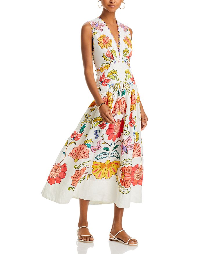 FR Insect Plunge Embellished Printed Linen Midi Dress