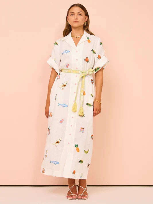 Alms Blue Marlin Embroidered Midi Dress