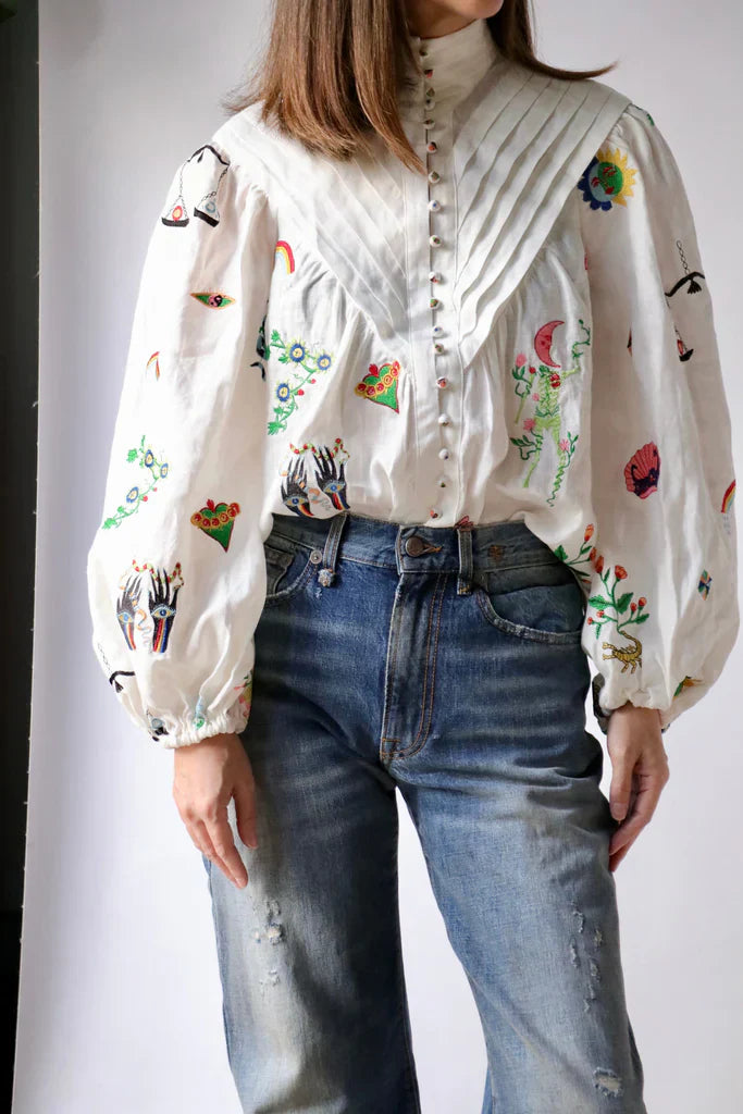 Alms Atticus Embroidered Shirt & Midi Skirt Set