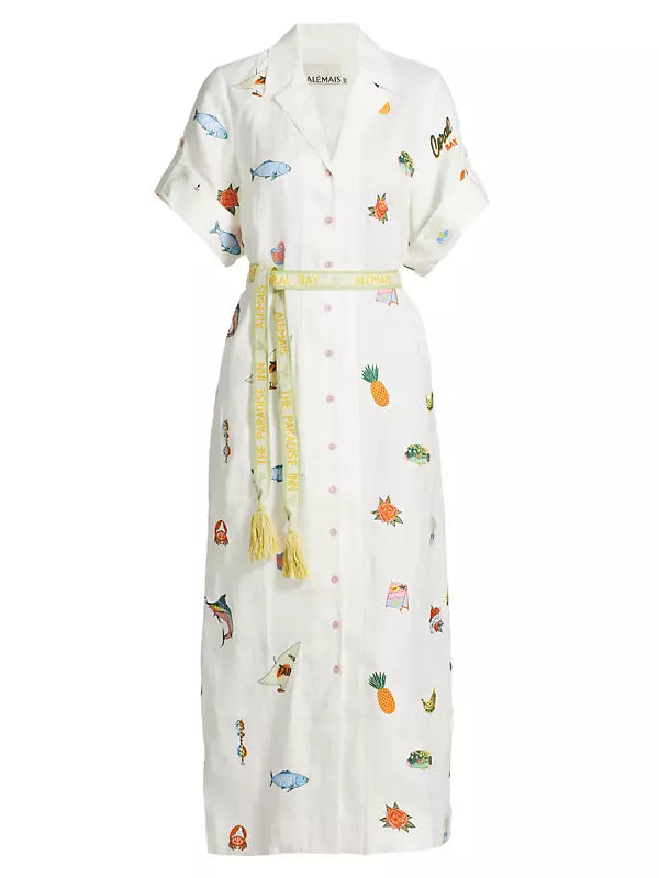 Alms Blue Marlin Embroidered Midi Dress