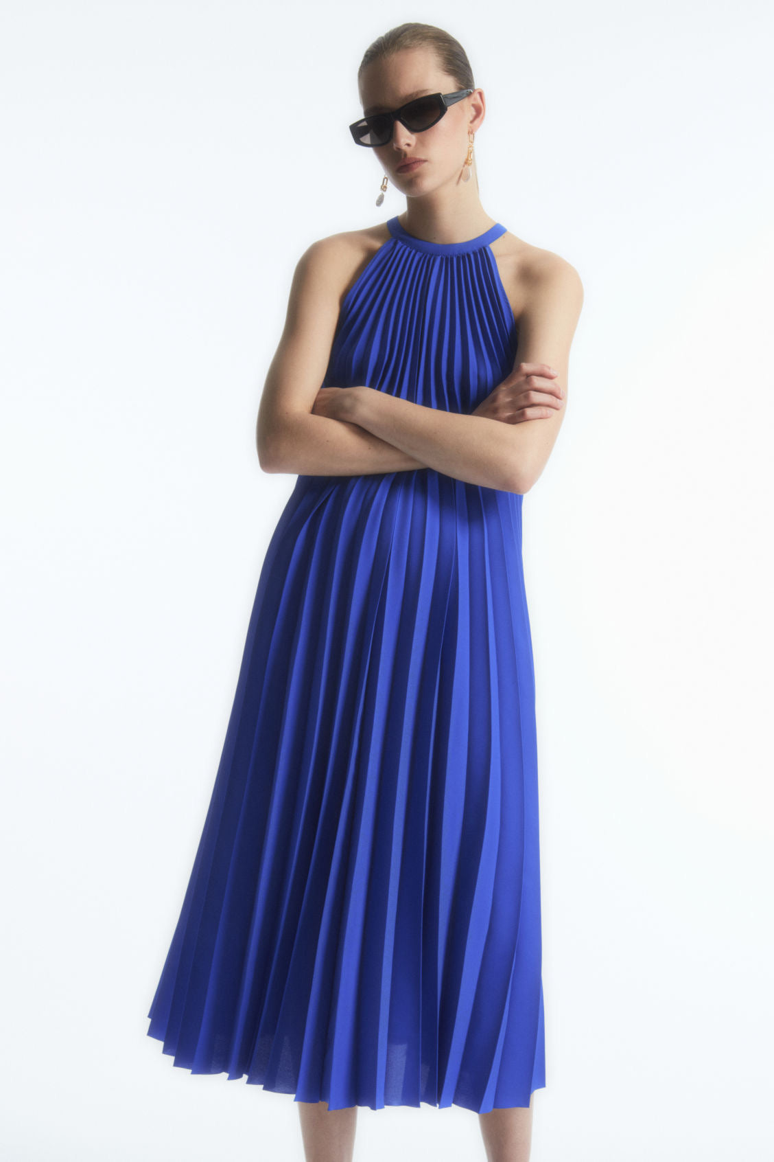 Cs Pleated Halter Neck Midi Dress