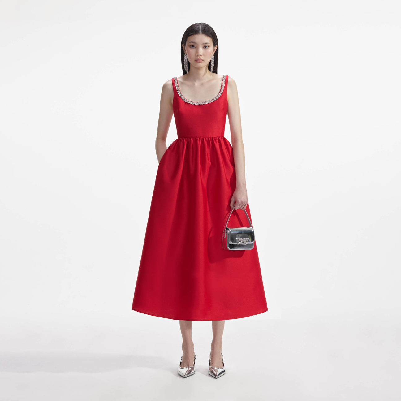 SP Red Taffeta Diamanté Midi Dress