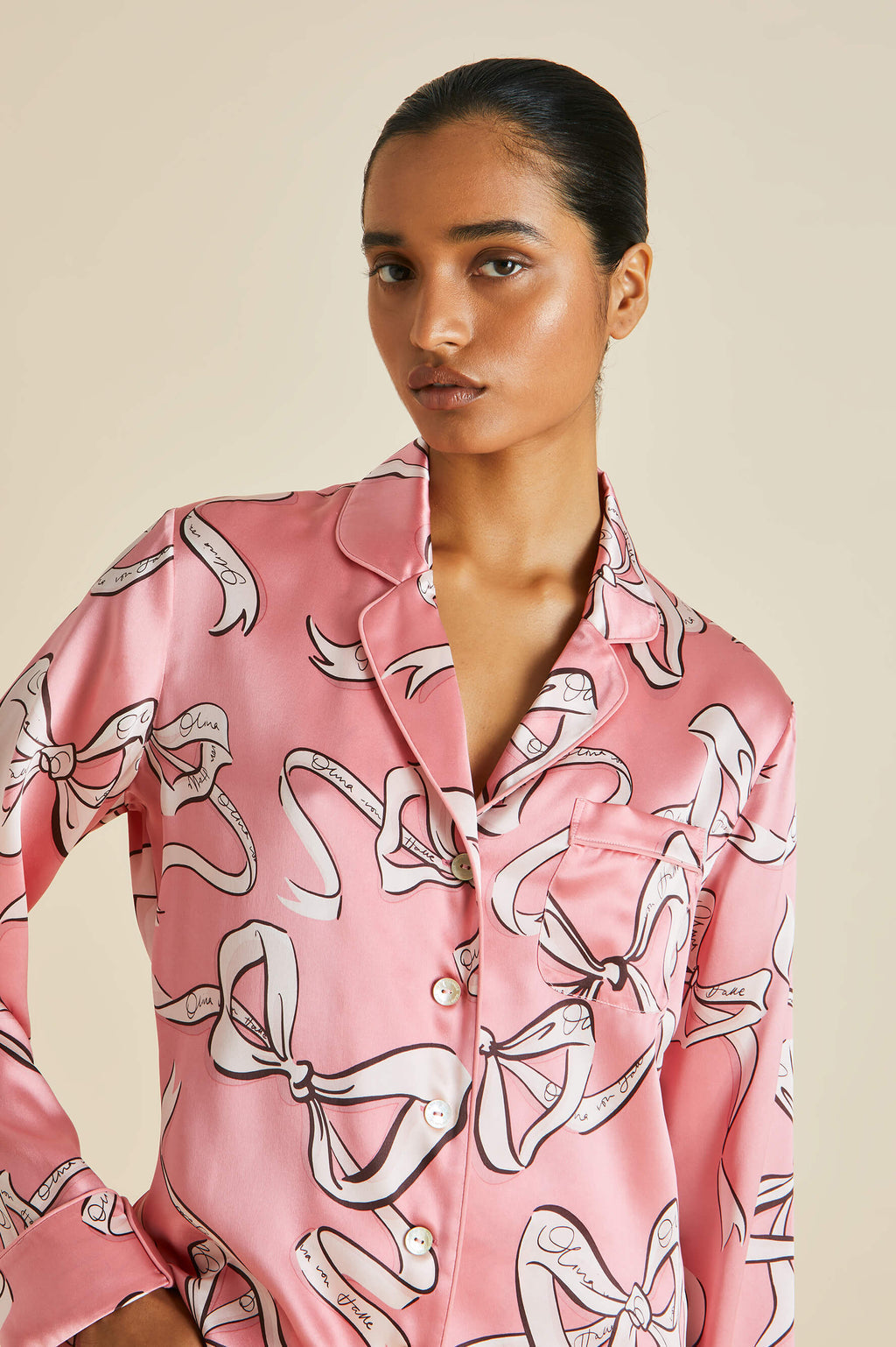 OVH Lila Arran Bow Silk Satin Pajamas Set