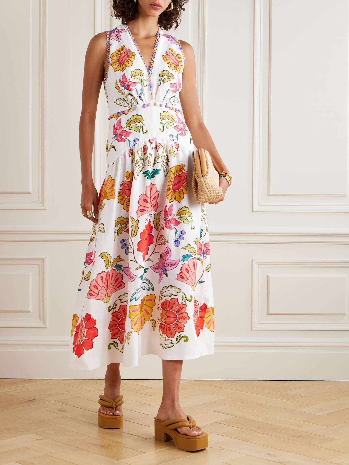 FR Insect Plunge Embellished Printed Linen Midi Dress