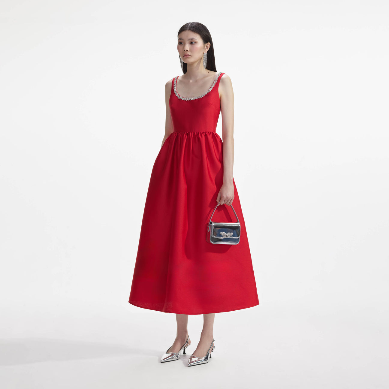 SP Red Taffeta Diamanté Midi Dress