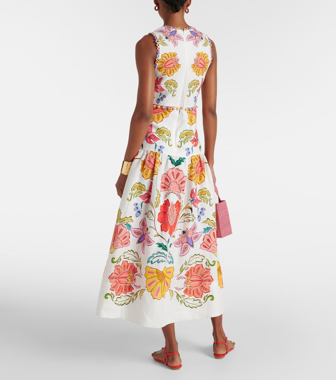 FR Insect Plunge Embellished Printed Linen Midi Dress