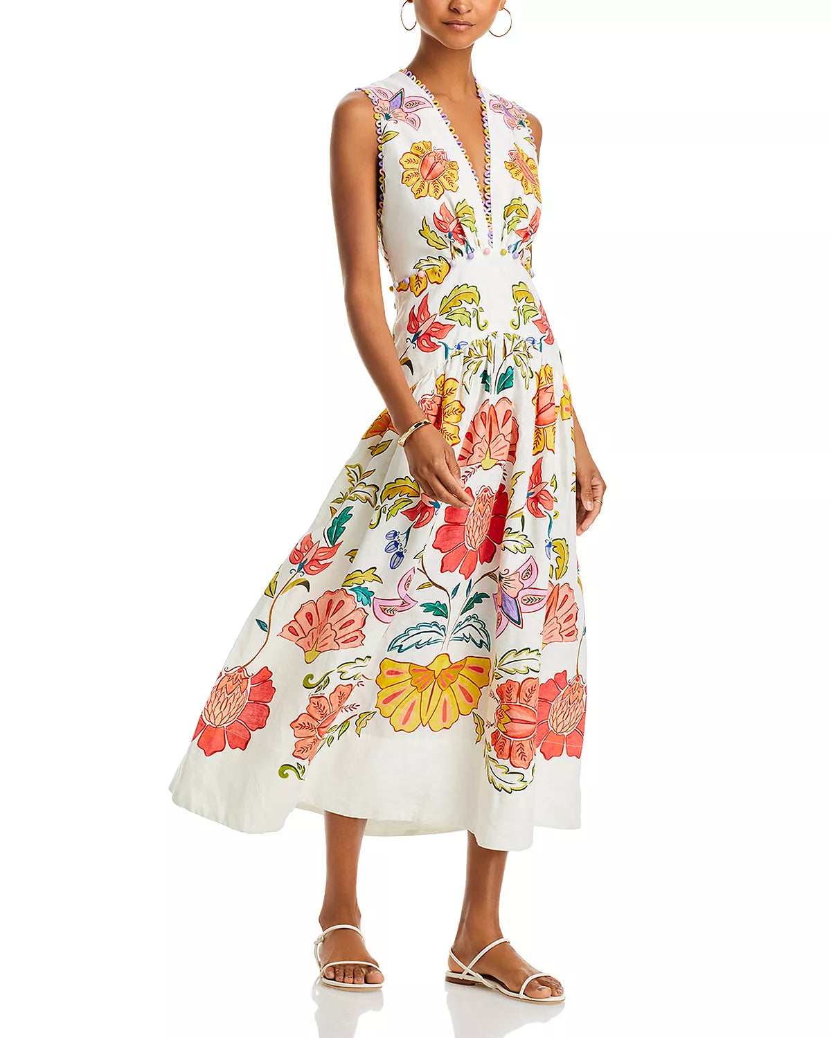 FR Insect Plunge Embellished Printed Linen Midi Dress