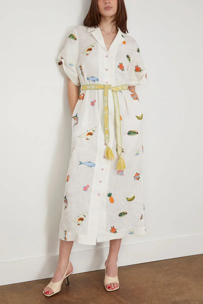 Alms Blue Marlin Embroidered Midi Dress