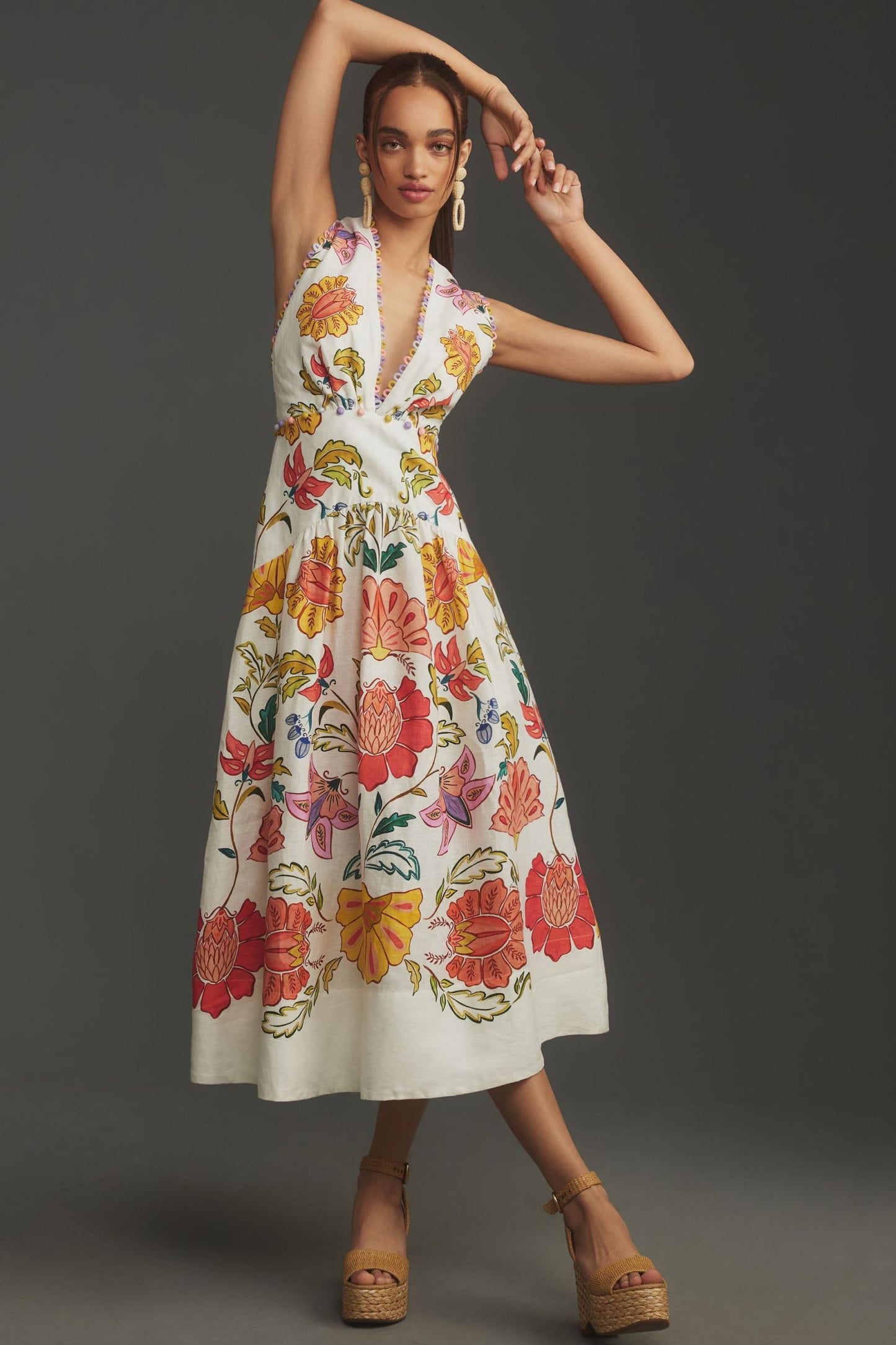 FR Insect Plunge Embellished Printed Linen Midi Dress