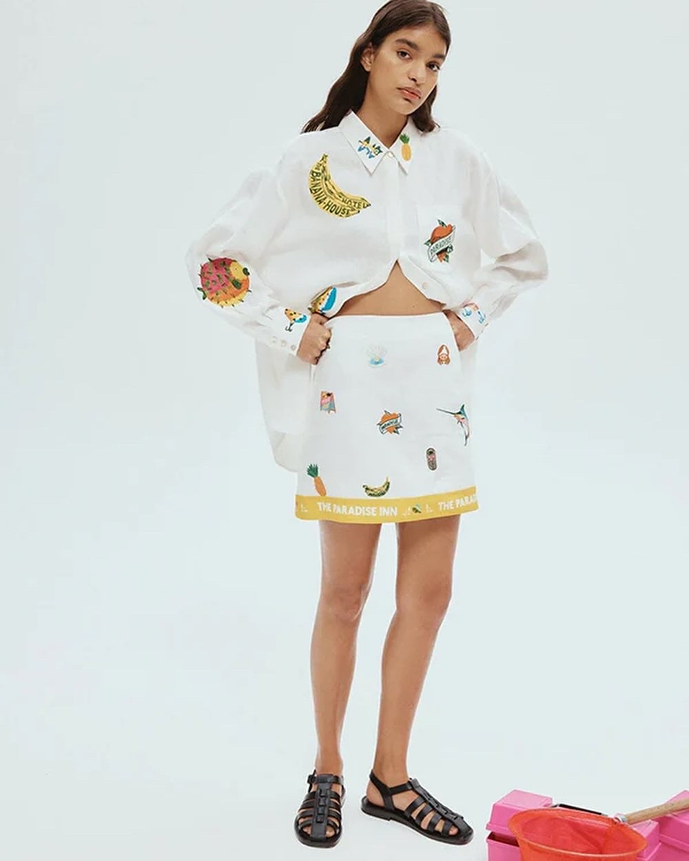 Alms Blue Marlin Embroidered Shirt & Mini Skirt Set