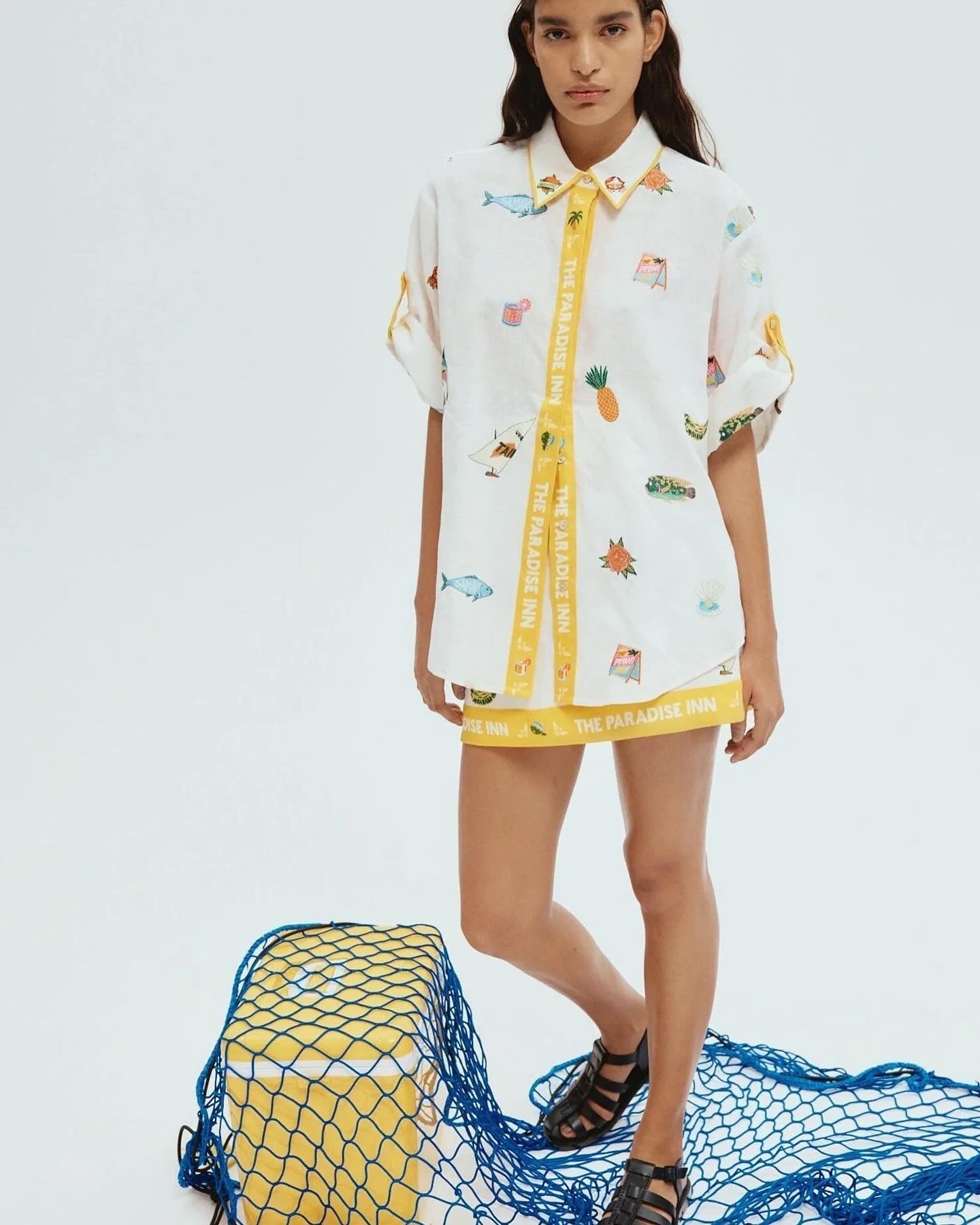 Alms Blue Marlin Embroidered Shirt & Mini Skirt Set