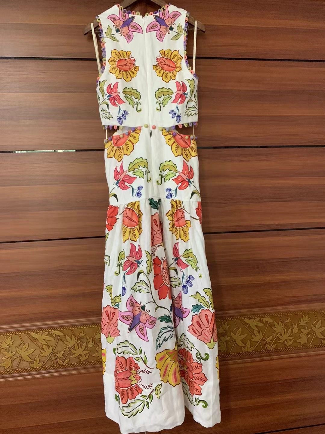 FR Insect Plunge Embellished Printed Linen Midi Dress