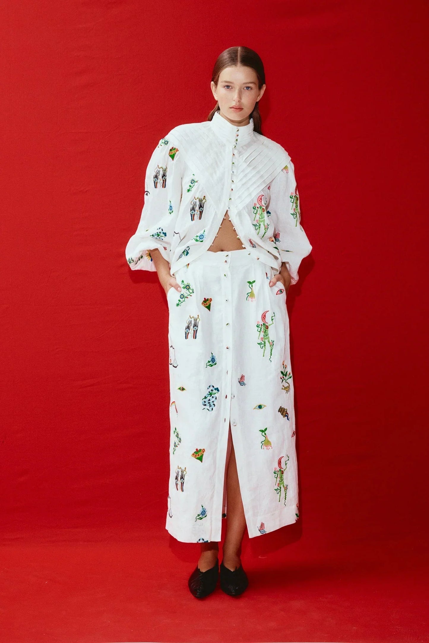 Alms Atticus Embroidered Shirt & Midi Skirt Set