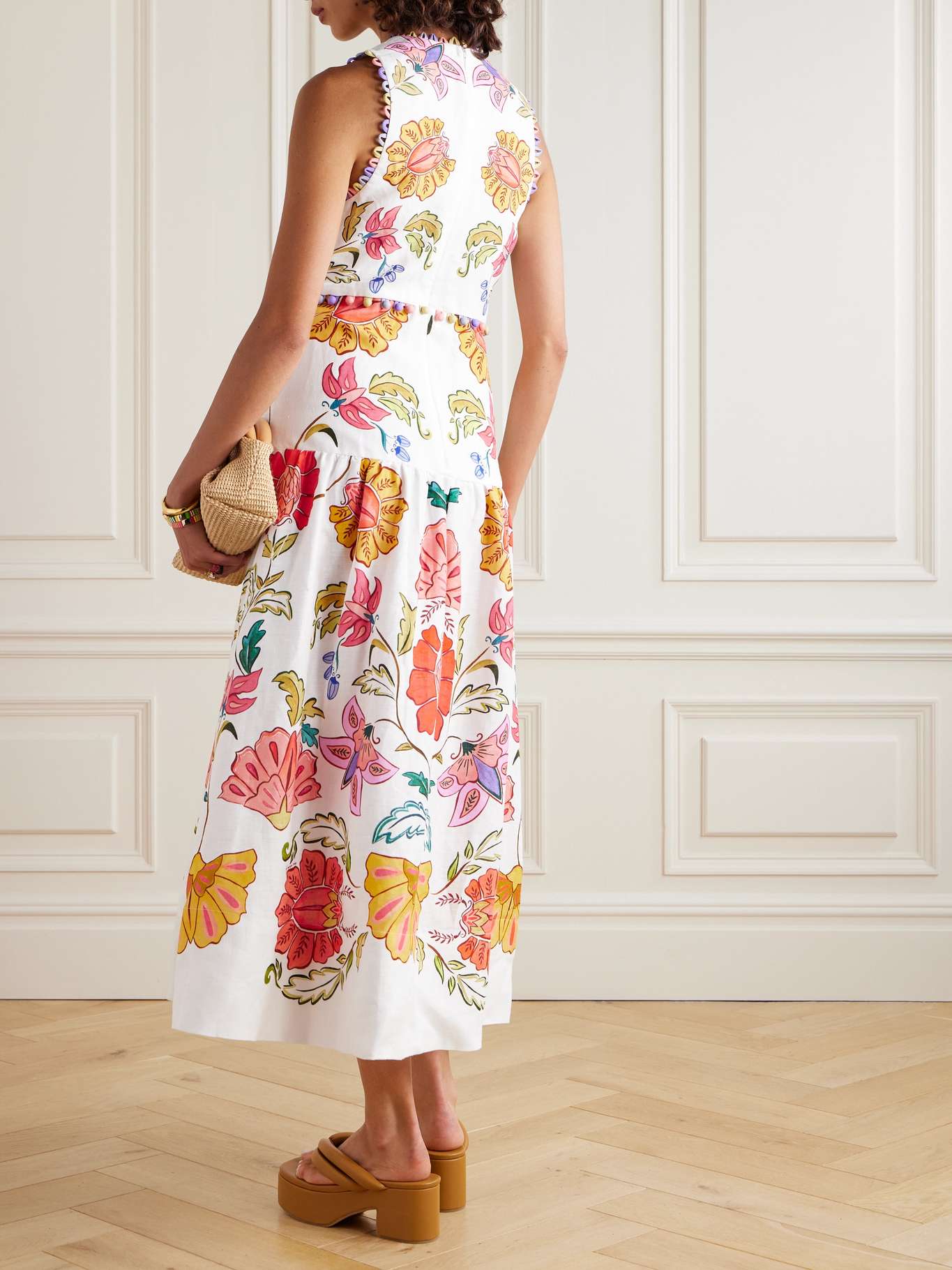 FR Insect Plunge Embellished Printed Linen Midi Dress