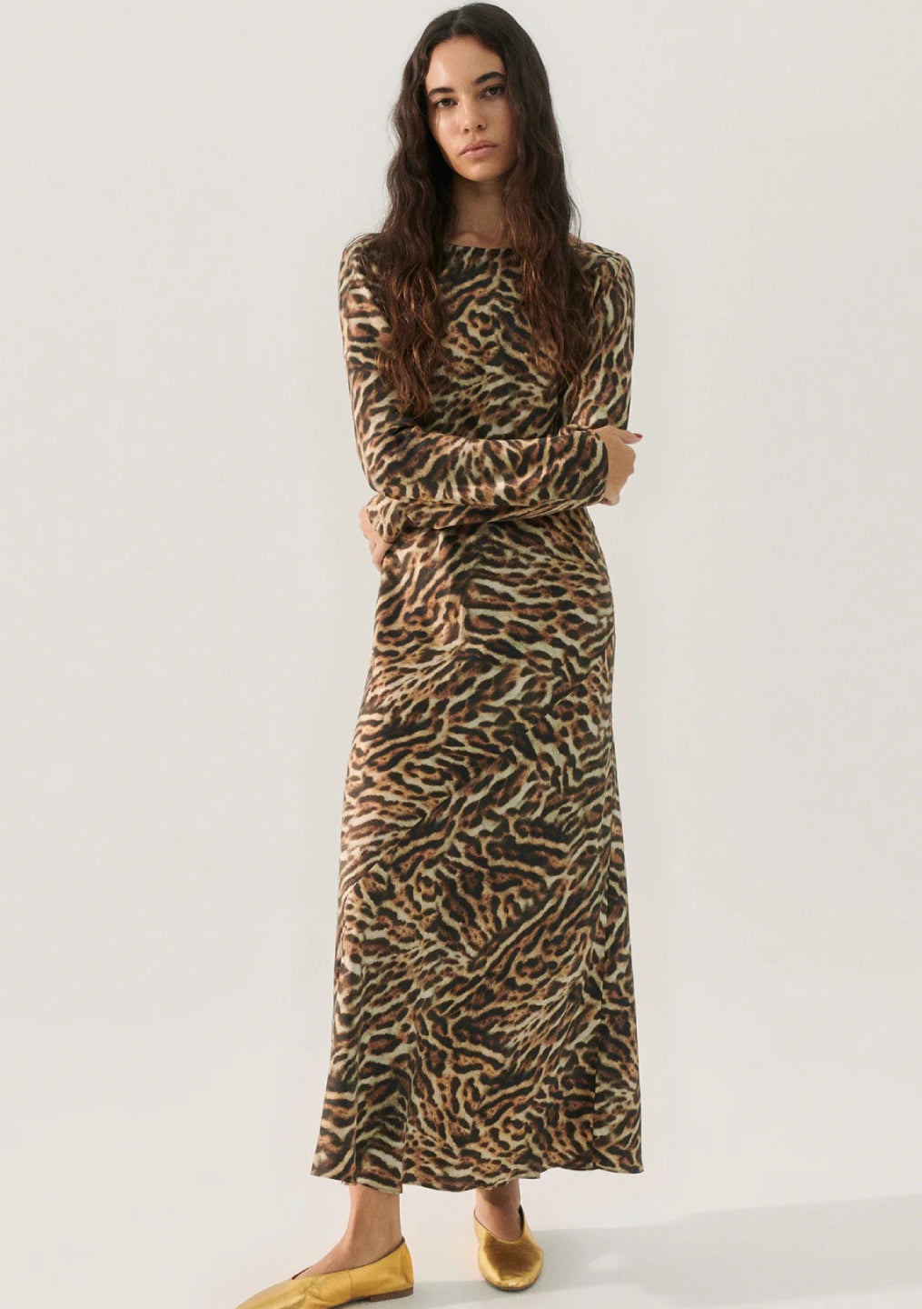 SL Long Sleeve Bias Maxi Dress in Leopard