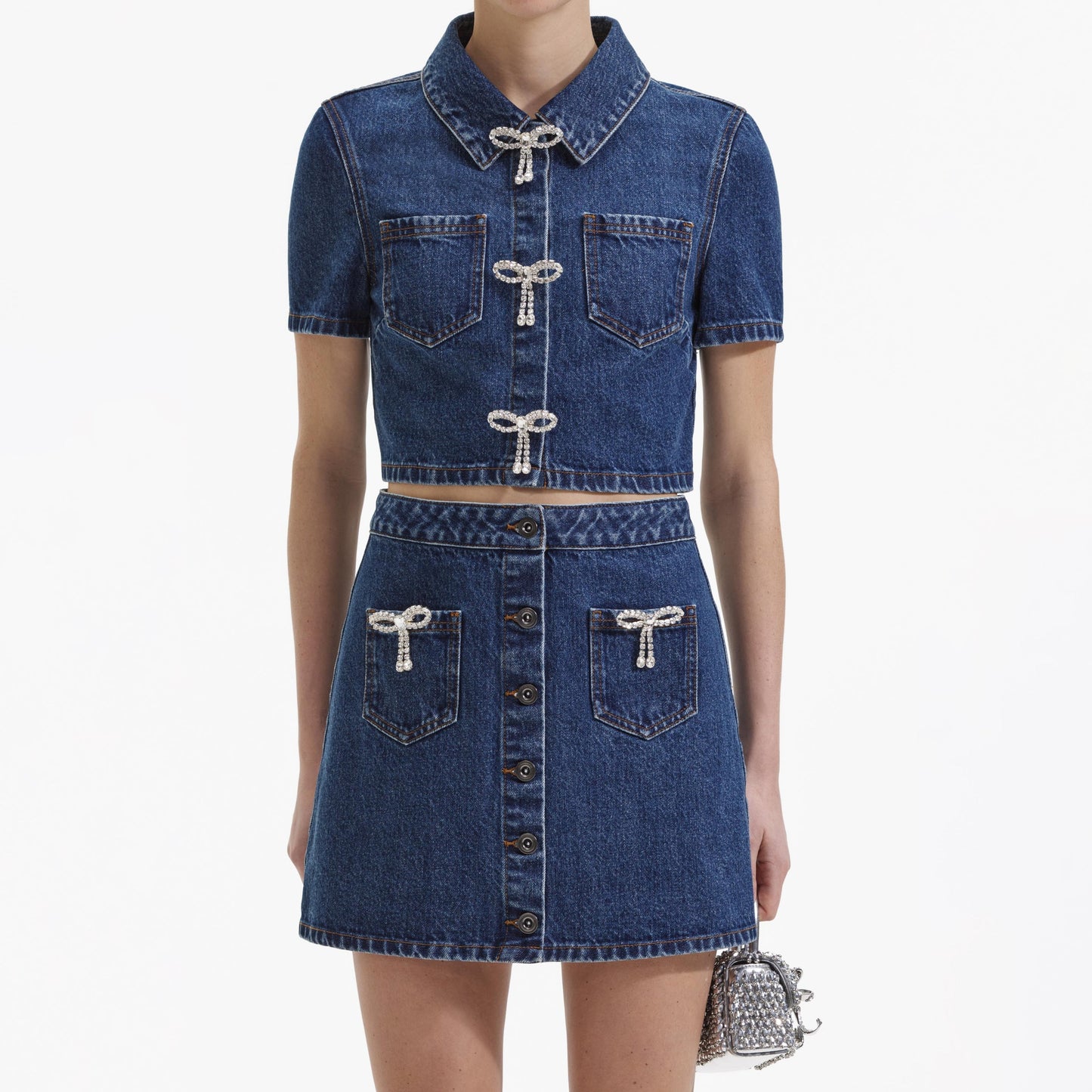 SP Diamanté Bow Denim Top & Mini Skirt Set