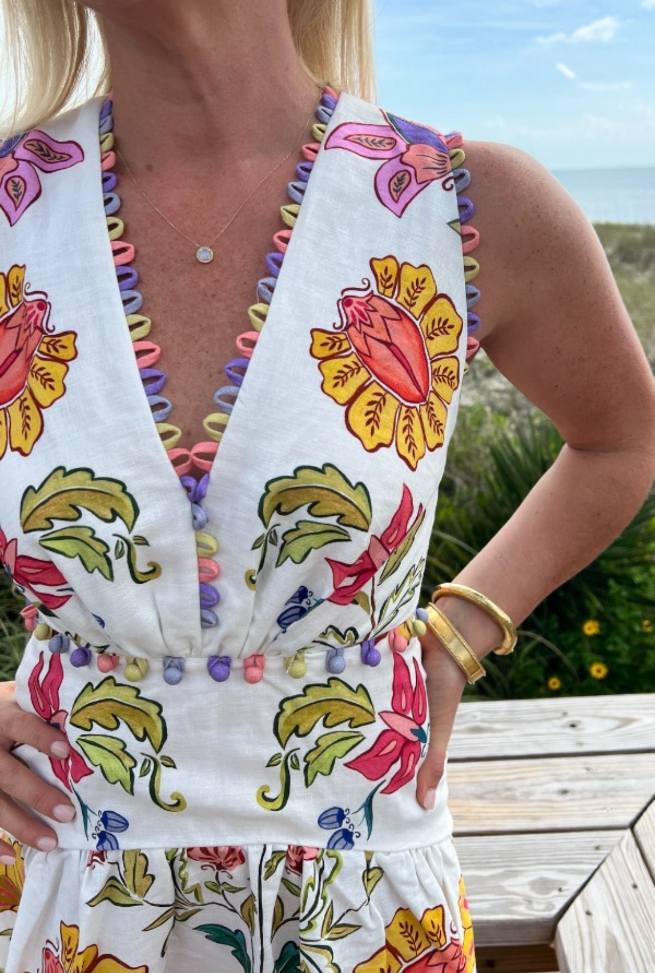 FR Insect Plunge Embellished Printed Linen Midi Dress