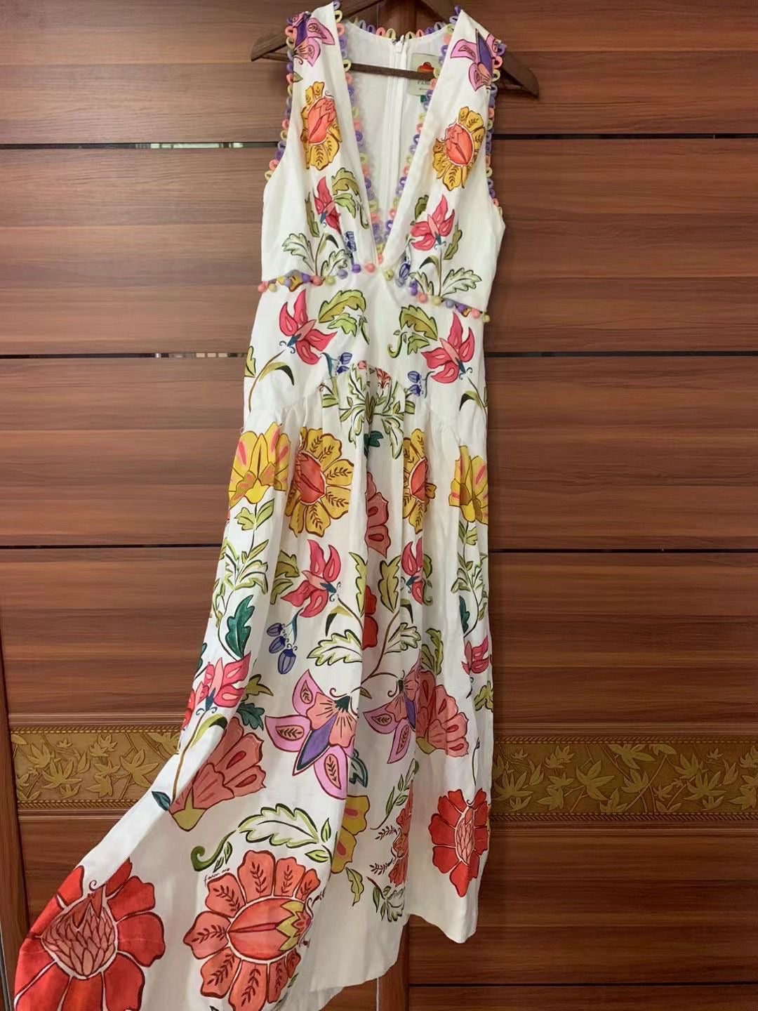 FR Insect Plunge Embellished Printed Linen Midi Dress