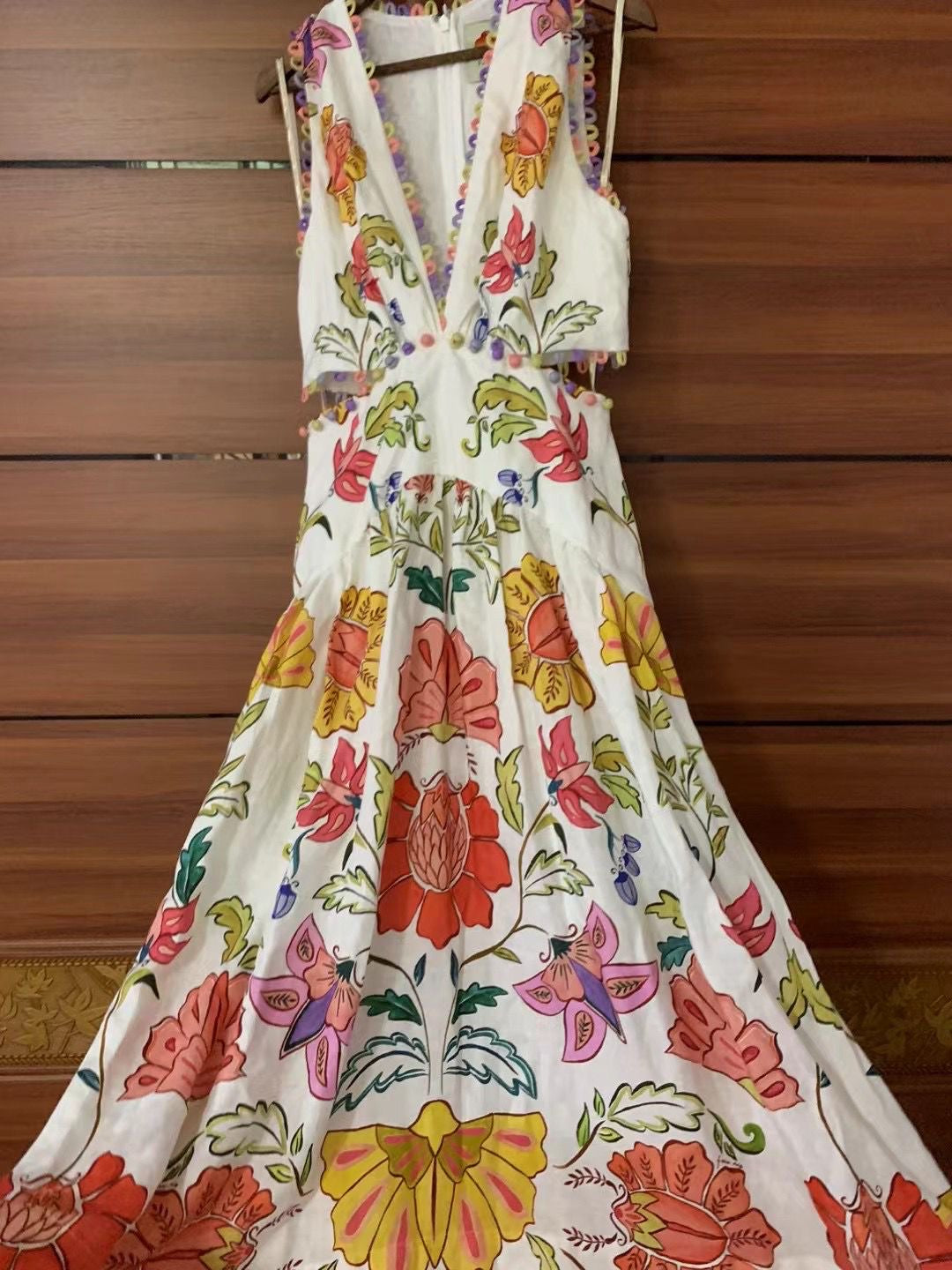 FR Insect Plunge Embellished Printed Linen Midi Dress