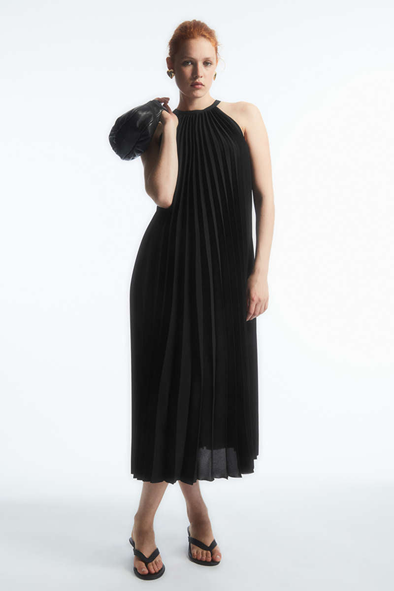 Cs Pleated Halter Neck Midi Dress