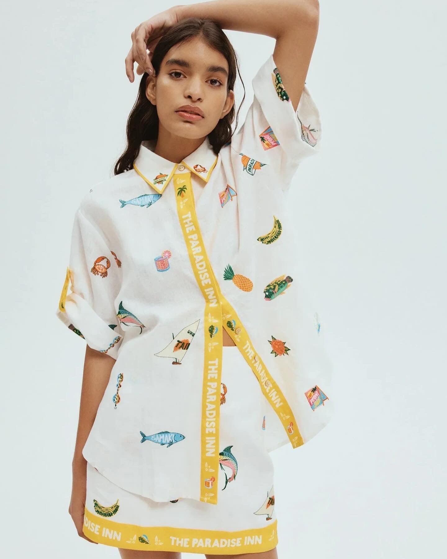 Alms Blue Marlin Embroidered Shirt & Mini Skirt Set