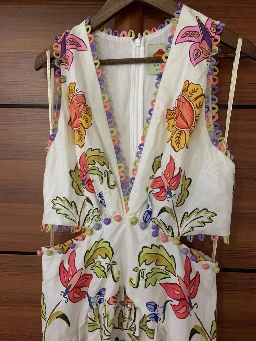 FR Insect Plunge Embellished Printed Linen Midi Dress