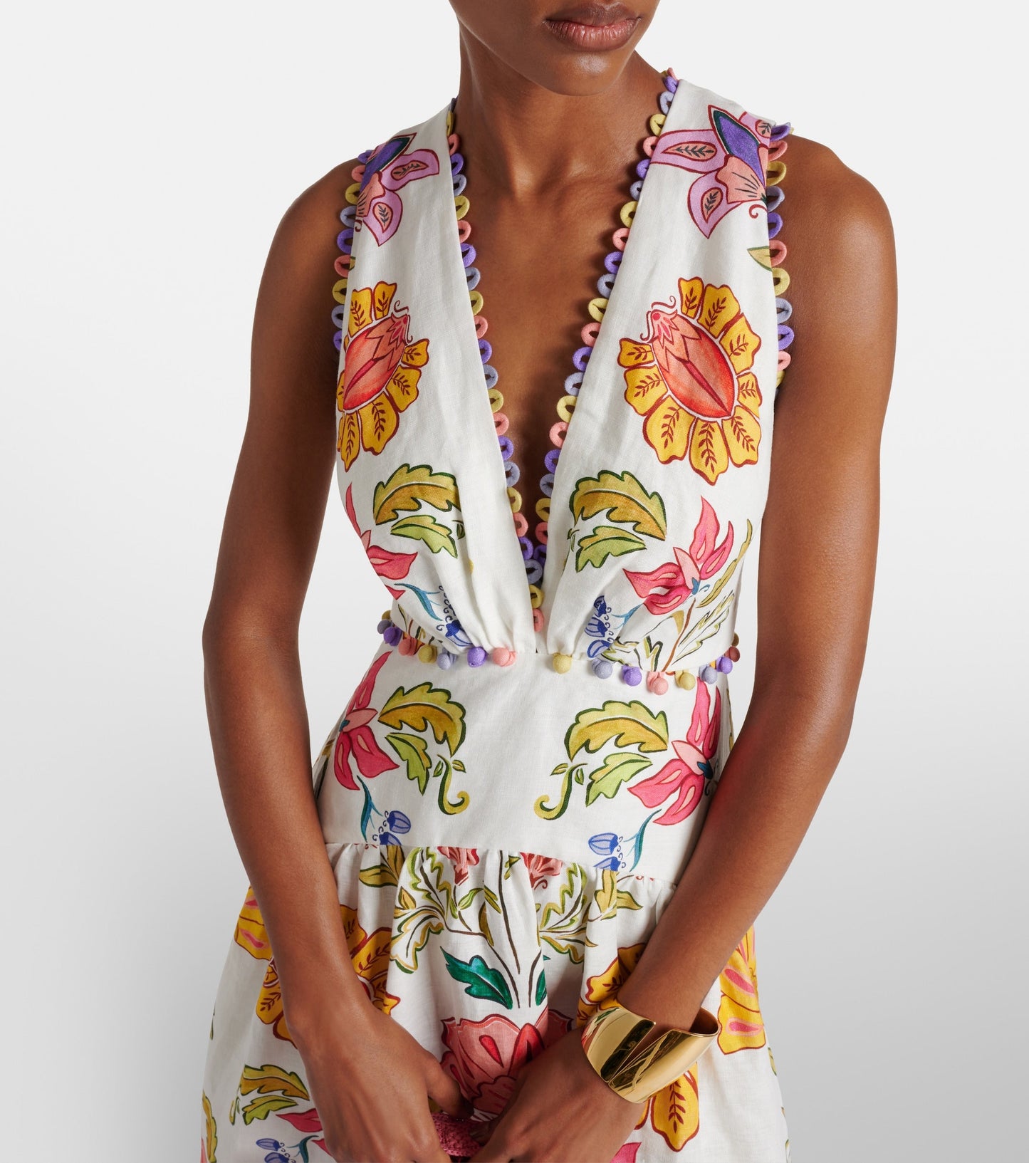 FR Insect Plunge Embellished Printed Linen Midi Dress