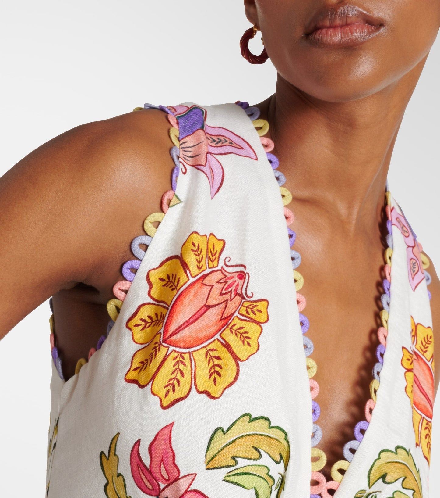 FR Insect Plunge Embellished Printed Linen Midi Dress