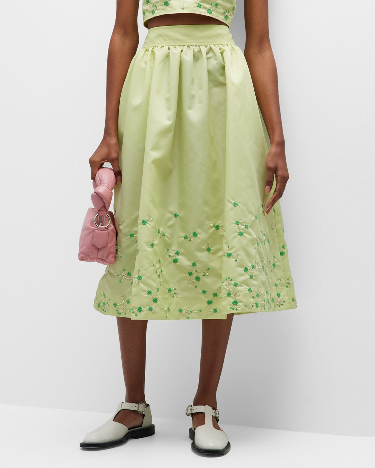 Gnn Lily Green Nylon Top & Midi Skirt Set