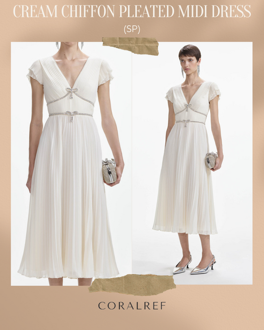 SP Cream Chiffon Pleated Midi Dress