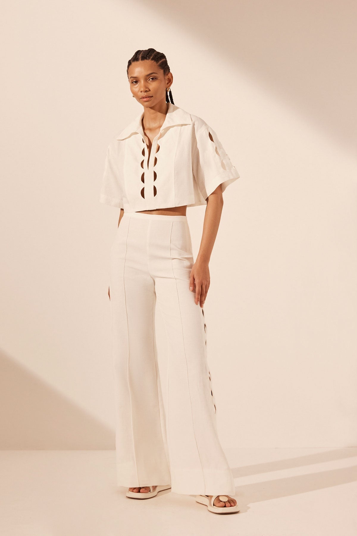 SJ Julieta Scallop Cut Out Shirt, Mini Skirt & Pants Set