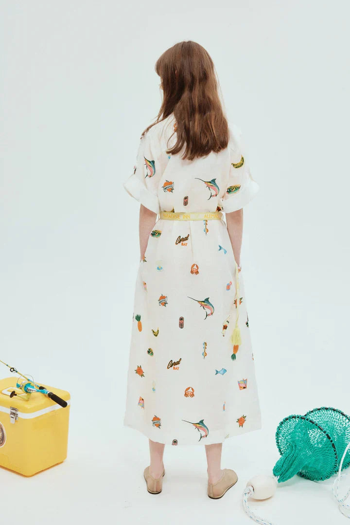 Alms Blue Marlin Embroidered Midi Dress