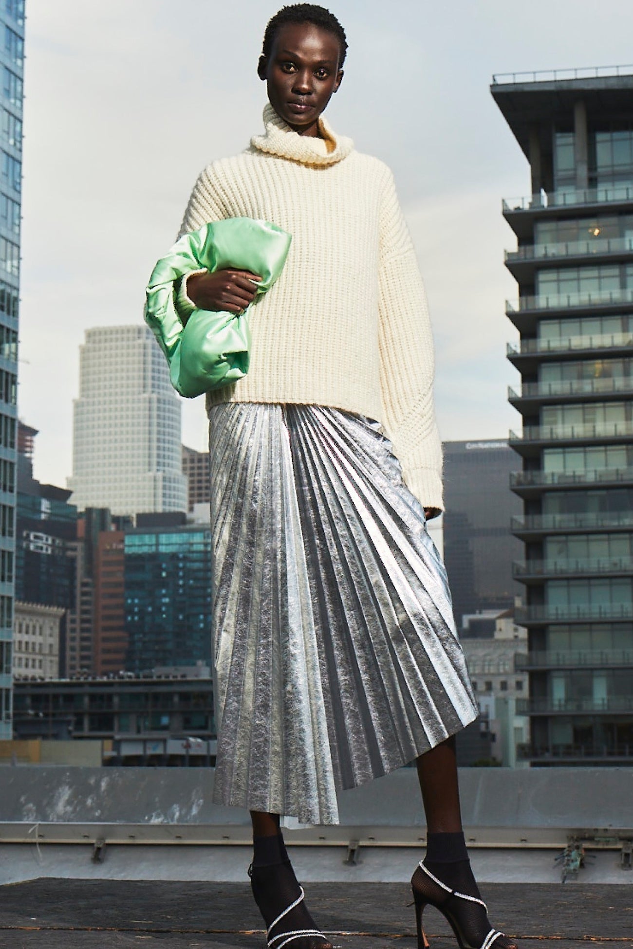 ALC Tori Pleated Metallic Midi Skirt