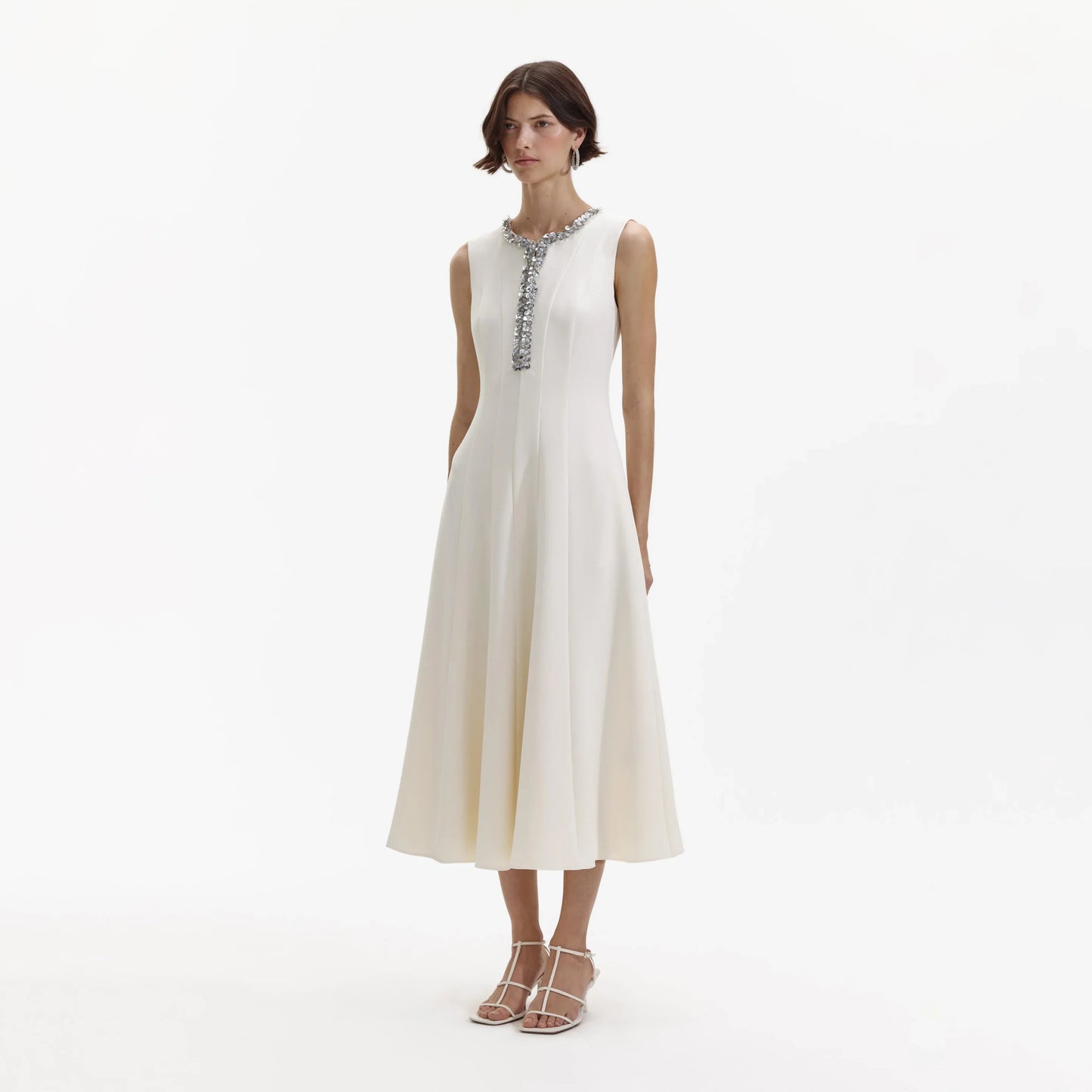 SP Cream Crepe Embellished Midi Dress