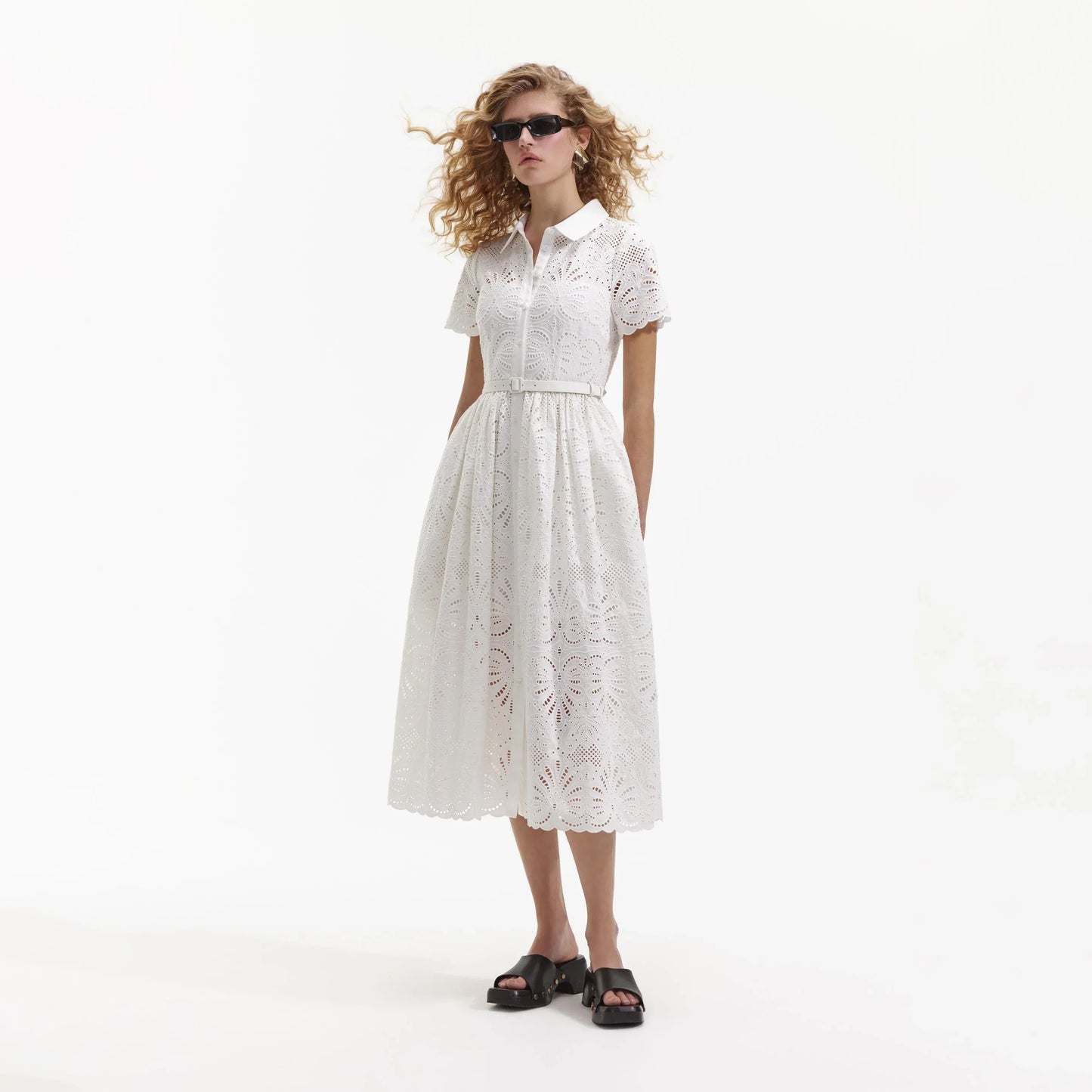 SP White Cotton Embroidery Midi Dress