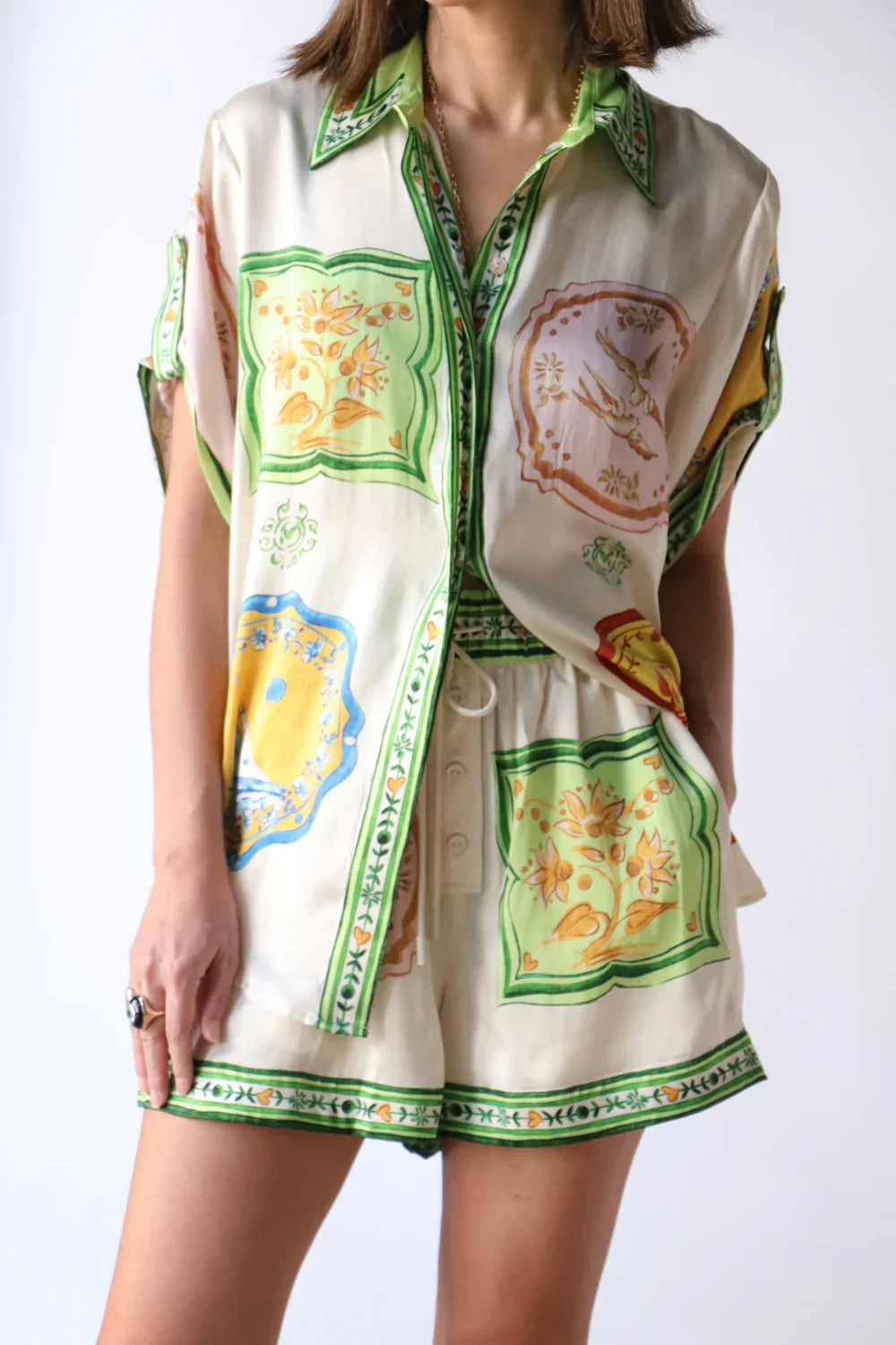 Alms Porcelain Silk Shirt & Shorts Set