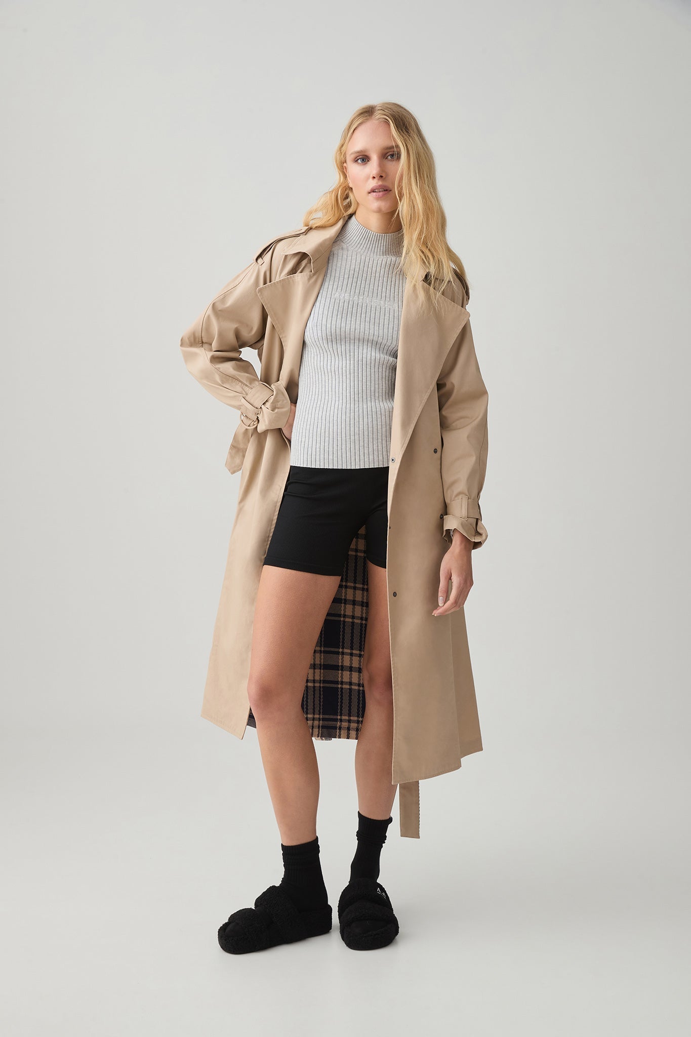 Aj Contrast Belted Trench Coat Jacket