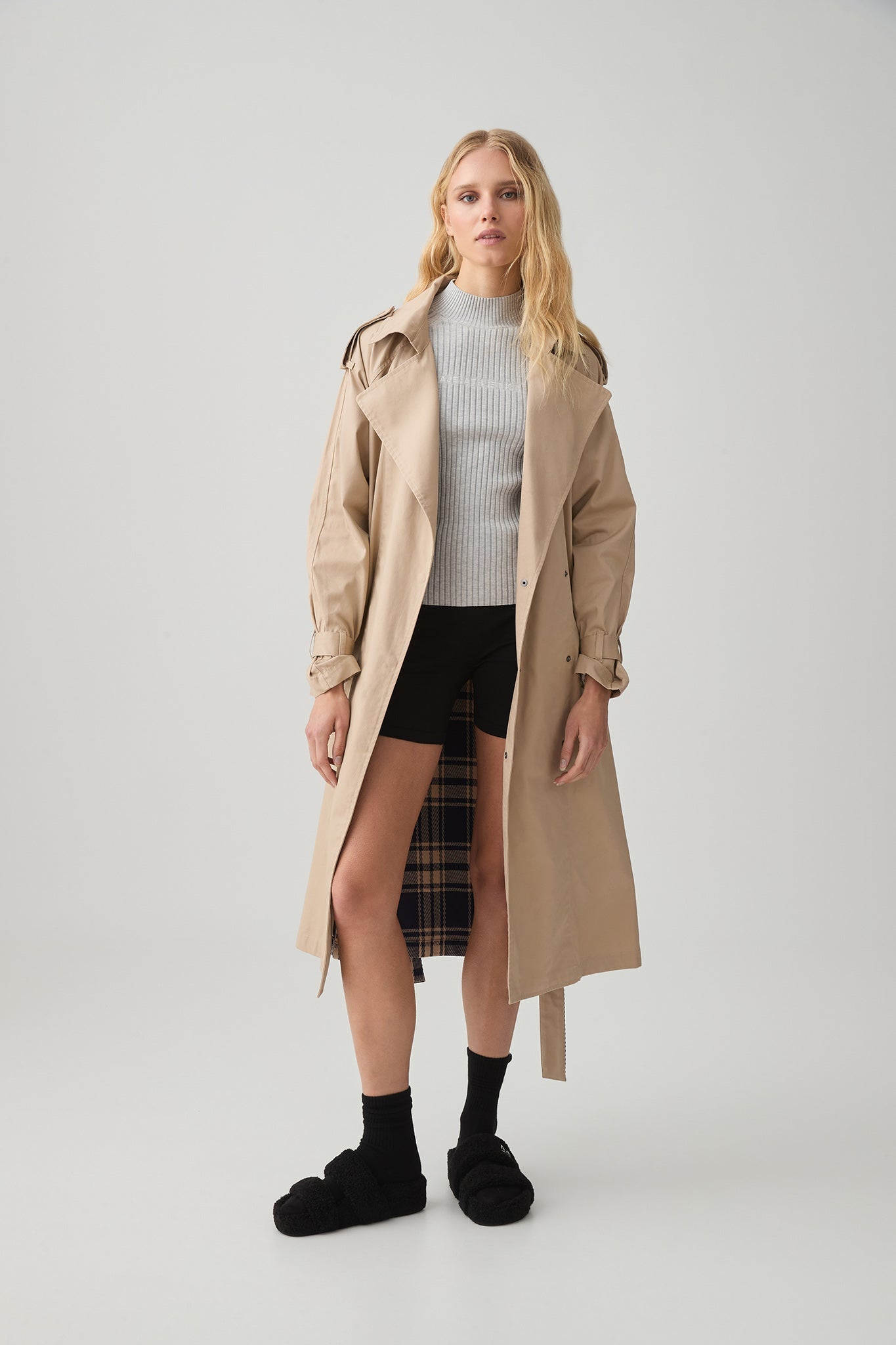 Aj Contrast Belted Trench Coat Jacket