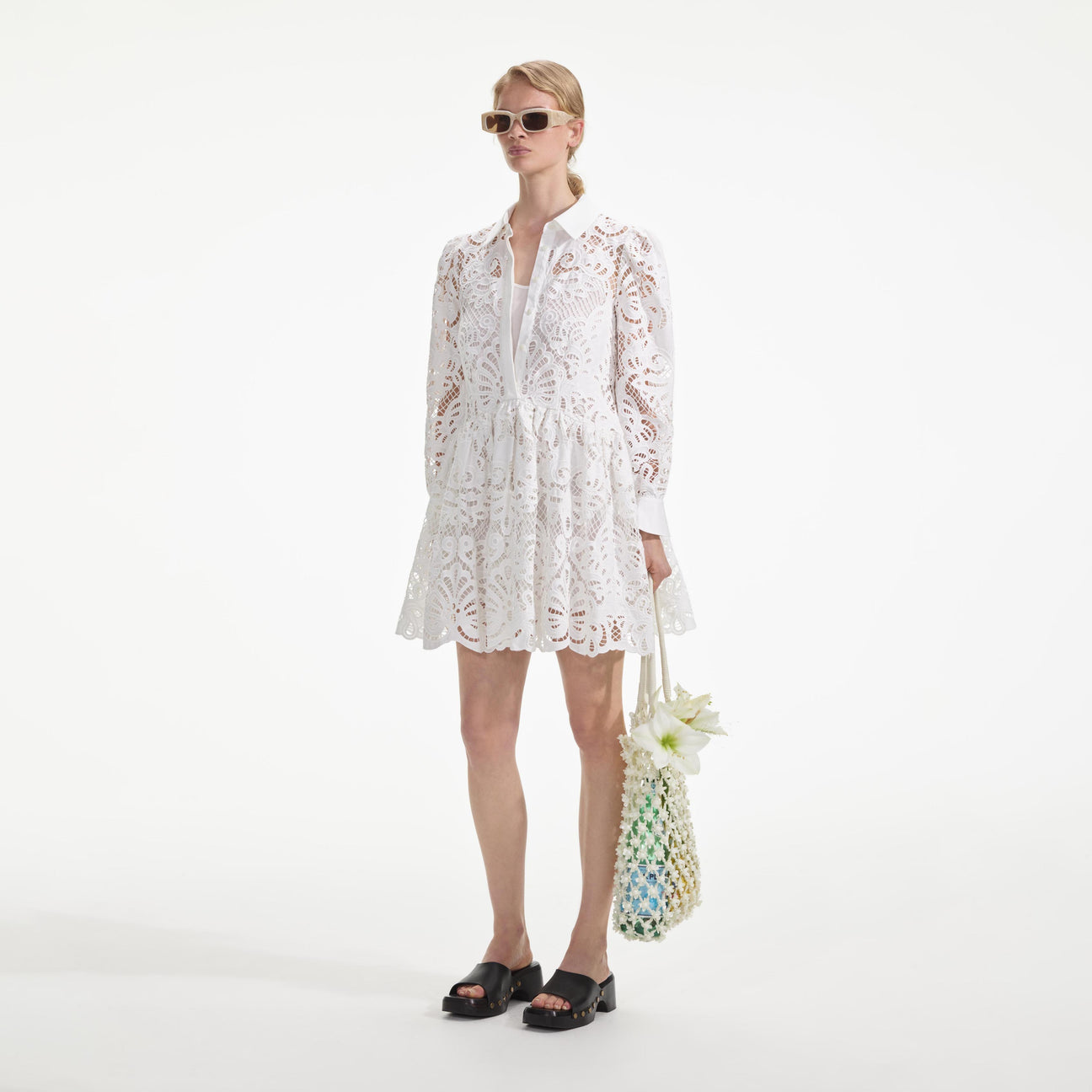 SP White Cotton Lace Mini Shirt Dress