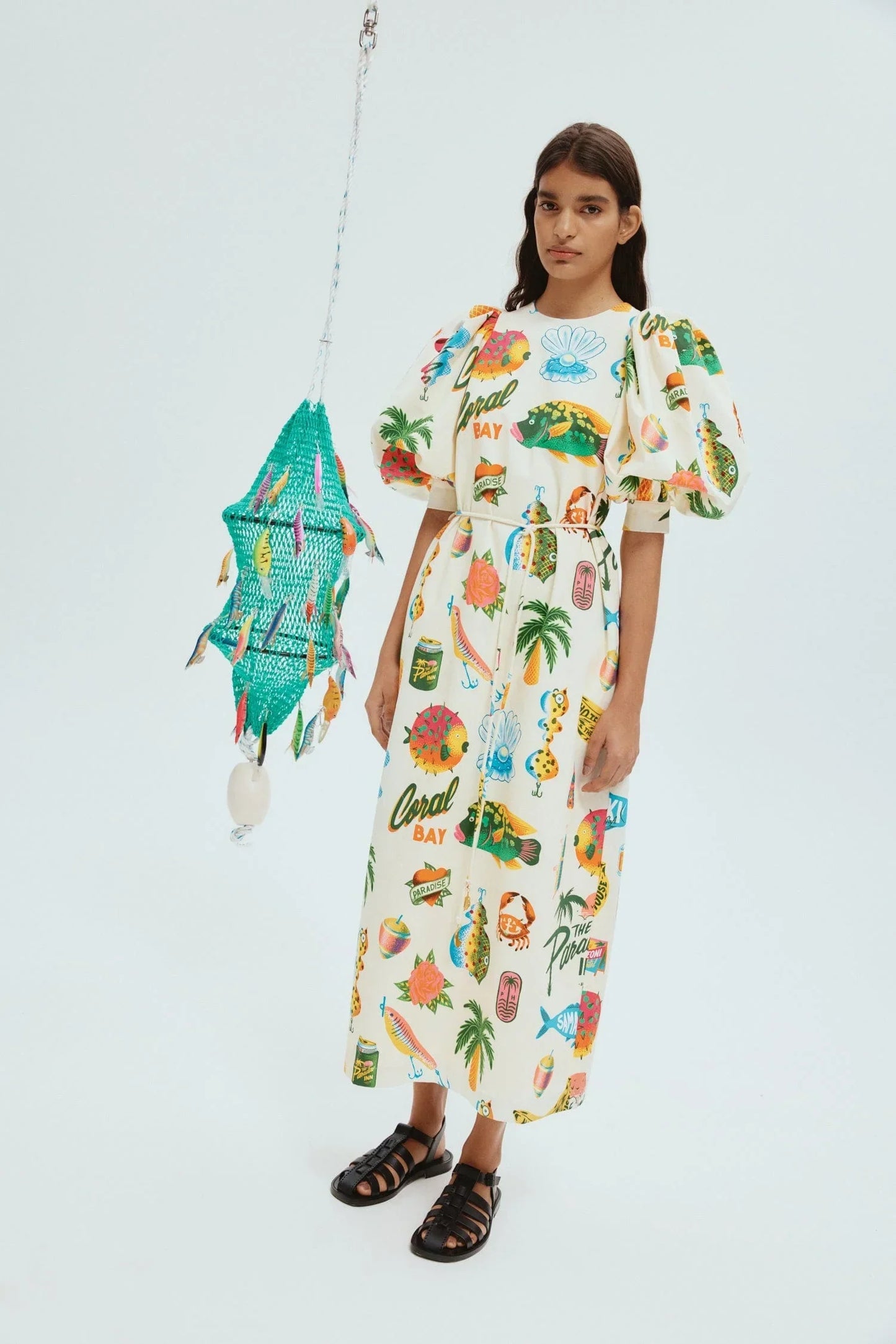 Alms Samaki Puff Sleeve Midi Dress