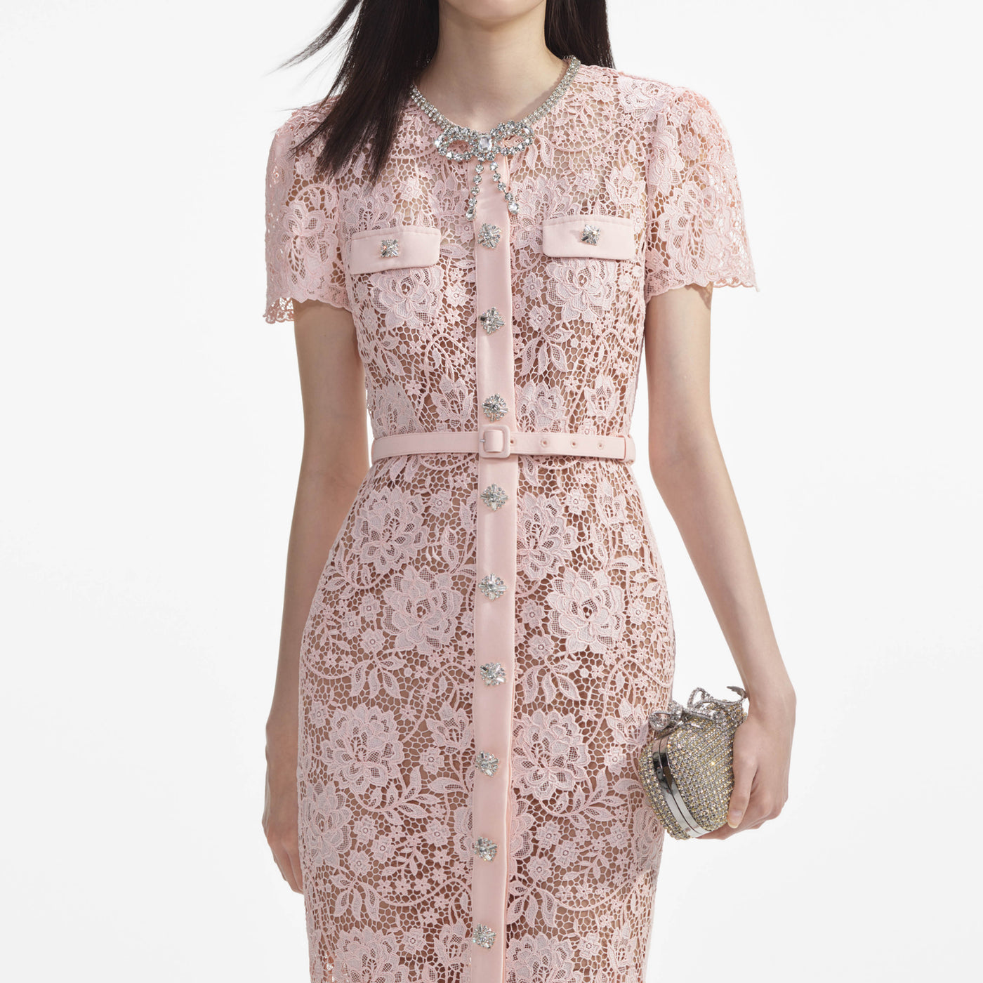 SP Pink Lace Diamanté Bow Midi Dress