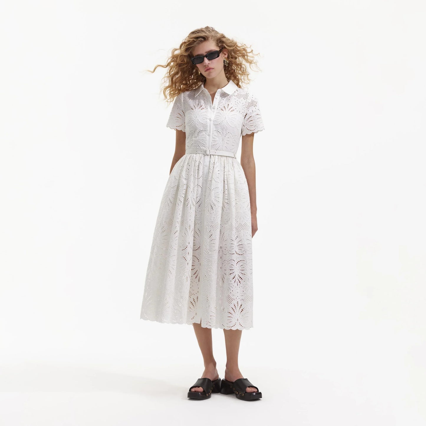 SP White Cotton Embroidery Midi Dress