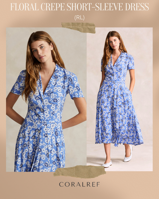 RL Floral Crepe Short Sleeve Midi Dress