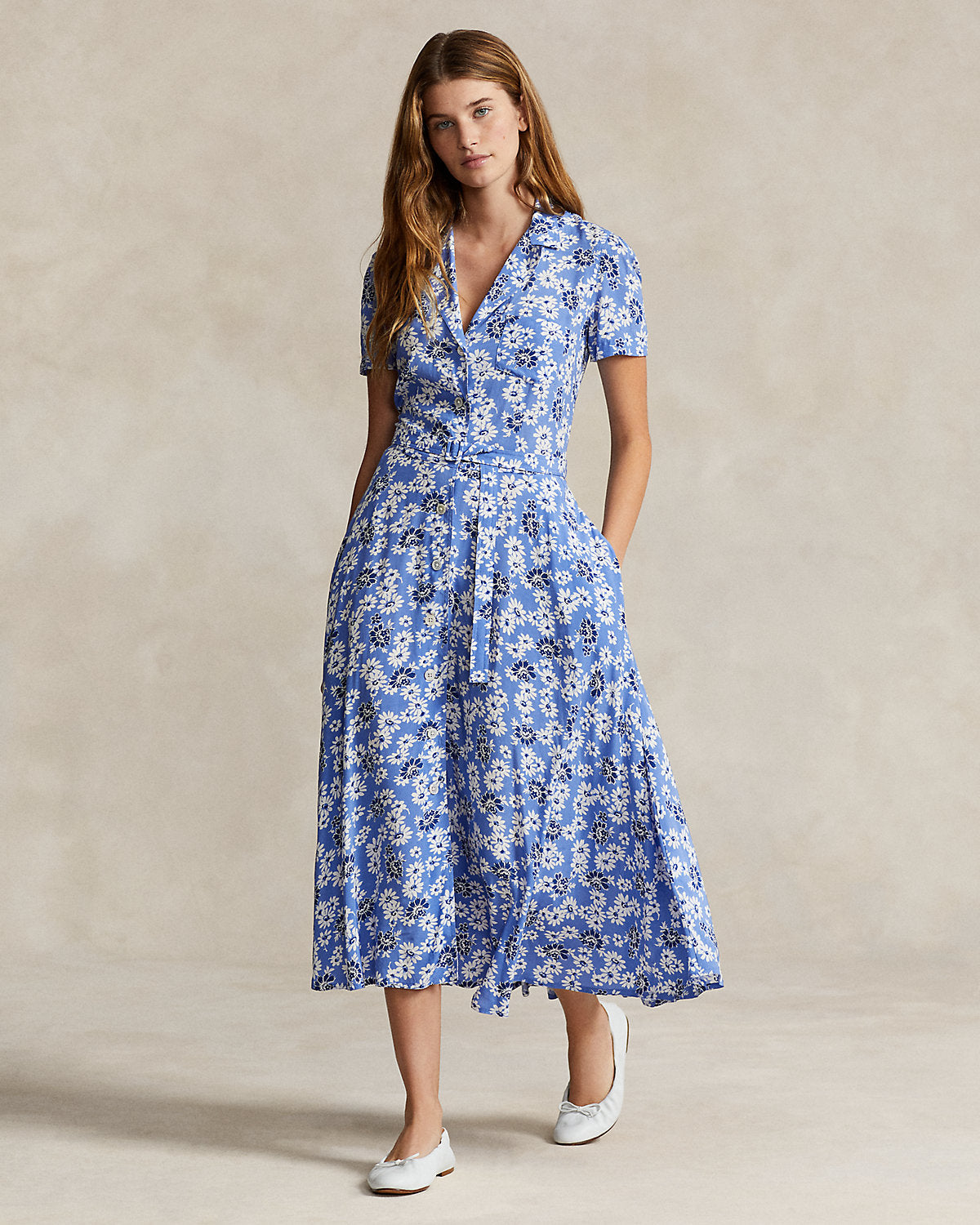 RL Floral Crepe Short Sleeve Midi Dress